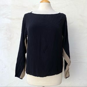 John Yang Black and Tan Colorblock Silk Top
